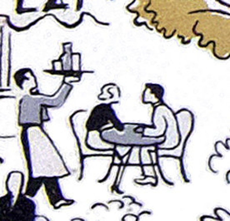 Peut inclure: Un serveur portant un plateau avec trois bouteilles de vin, se dirigeant vers un couple assis &agrave; une table &agrave; l'ext&eacute;rieur d'un caf&eacute;.