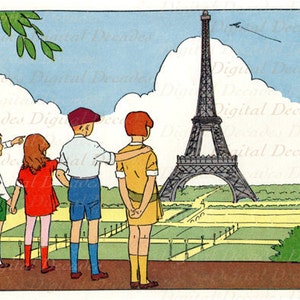 Niños en la Torre Eiffel - Francia París - Imagen digital - Ilustración de libros vintage
