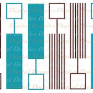 May include: Abstract geometric pattern with teal, white, and brown squares and lines. The pattern is repeated horizontally.