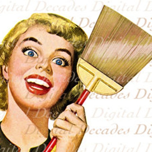 Retro Cartoon Comic  Woman With Broom Cleaning - Vintage Art Illustration - Digital Image - Instant Download