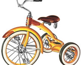 Tricycle Bicycle Trike Bike  - Vintage Art Illustration - Digital Image - Instant Download