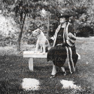 Woman with Wire Hair Fox Terrier Dog in the Garden - Digital Vintage Photo Image