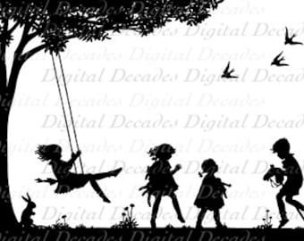 May include: Black and white silhouette illustration of children playing in a park. A girl swings on a swing set, while other children play nearby. A rabbit sits in the grass. Birds fly overhead.