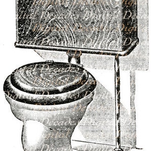 May include: A vintage black and white illustration of a toilet with a wooden tank.