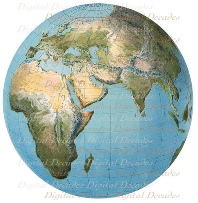 World Globe Earth Atlas Map Digital Image Vintage Retro Art Illustration image 1