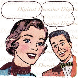 Retro Cartoon Comic Couple Man Woman Talk Balloons Vintage Art Illustration - Digital Image