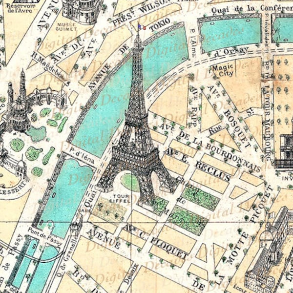 Carte Champ De Mars - Tour Eiffel de Paris France Français - Image numérique - Illustration Vintage