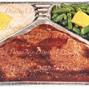 Frozen TV Cena Bandeja Swiss Steak Judías Verdes Mashed Patatas Alimentos - Archivo Digital - Vintage Foto Imagen