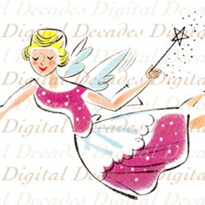 May include: A vintage illustration of a fairy with blonde hair, wearing a pink and white polka dot dress and white wings. She is holding a wand with a star on the end and is flying through the air.