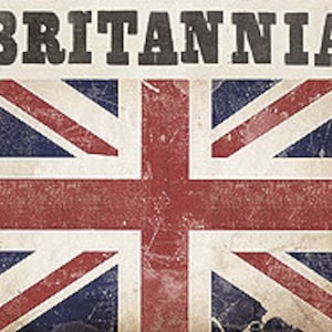 May include: A vintage-style graphic with the word "BRITANNIA" in bold, black letters against a white background. The background features a faded Union Jack flag with red, white, and blue colors.