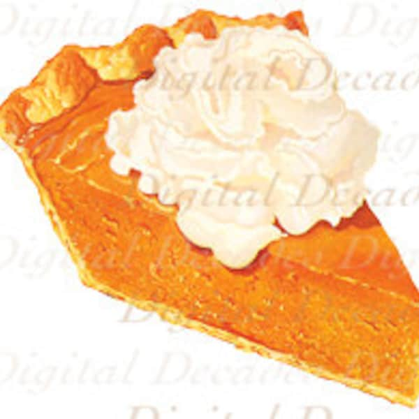 Pumpkin Pie Slice With Whipped Cream Desert Food - Digital Image - 1950s Vintage Art Illustration - Instant Download