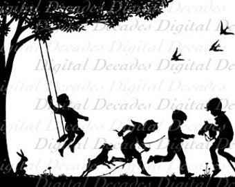 Children Playing Boys Summer Day Silhouette - Digital Image - Vintage Art Illustration