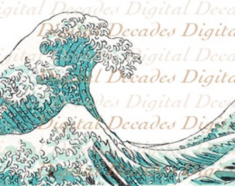 Ocean Waves Water Shore Japanese Style - Digital Image - Vintage Art Illustration - Instant Download