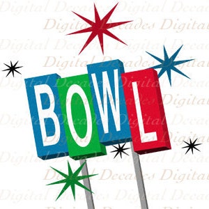 Bowling Sign - Digital Image - Vintage Art Illustration Retro Design Mid-Century Modern Atomic Style