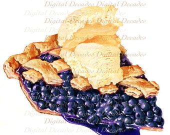 Blaubeerkuchen A la Mode Eis Dessert Obst - Digitales Bild - 1950er Jahre Vintage Art Illustration - Instant Download