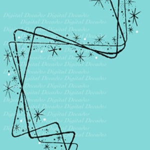 Puede incluir: Diseño abstracto moderno de mediados de siglo con líneas negras y estrellas blancas sobre un fondo turquesa.