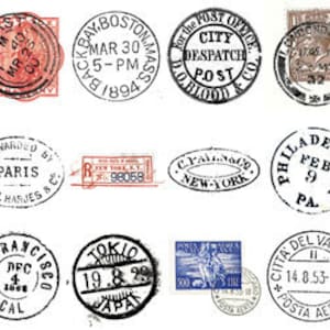 Imagem Digital - Ilustrações Vintage - Selos de Cancelamento de Negócios Marca Postal Cidades do Mundo