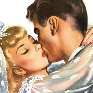 Just Married Kiss - Bride Groom Couple Wedding - Digital Image - 1950s Vintage Art Illustration