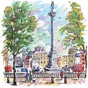 May include: A watercolor painting of a tall column with a statue on top, surrounded by trees and buildings. There are two red double-decker buses in the background.