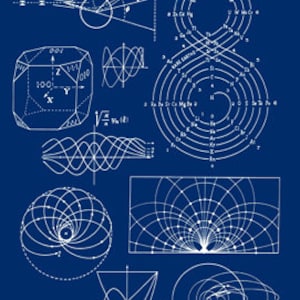 May include: A white and blue illustration of various mathematical formulas and diagrams, including a cube, a circle, a wave, a spiral, and an infinity symbol. The illustration is on a dark blue background.