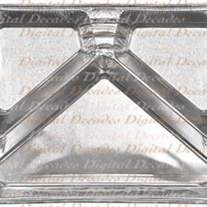 May include: A silver aluminum disposable food tray with three compartments. The tray is designed for serving food, such as meals or snacks.