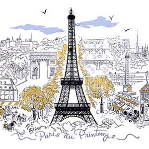 Peut inclure: Un dessin au trait noir et blanc de la tour Eiffel &agrave; Paris, en France. Le dessin comprend d'autres monuments parisiens tels que l'Arc de Triomphe, la Seine et Notre-Dame. Le texte "Paris du Printemps" est &eacute;crit en cursive en bas de l'image.
