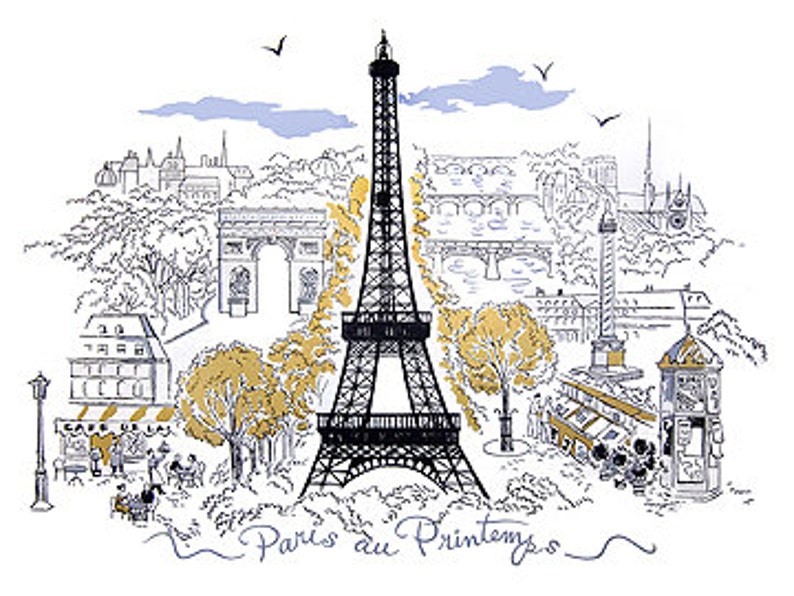 Peut inclure: Un dessin au trait noir et blanc de la tour Eiffel &agrave; Paris, en France. Le dessin comprend d'autres monuments parisiens tels que l'Arc de Triomphe, la Seine et Notre-Dame. Le texte "Paris du Printemps" est &eacute;crit en cursive en bas de l'image.