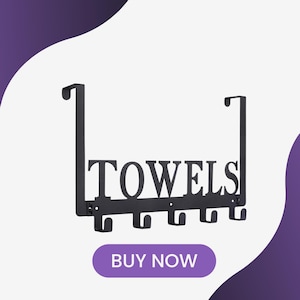May include: Black metal over-the-door towel rack with the word "TOWELS" and five hooks. The rack has a rectangular shape and a purple "BUY NOW" button.
