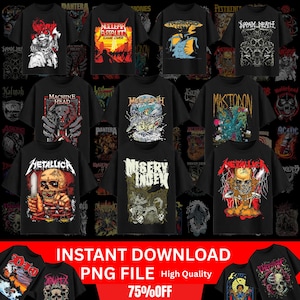 May include: A collection of black graphic t-shirts featuring various heavy metal band designs. The shirts display band names and artwork in vibrant colors, including skulls, monsters, and other dark imagery. The image also includes text that says "INSTANT DOWNLOAD PNG FILE High Quality 75%OFF".