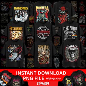 May include: A collection of black t-shirts featuring band logos and artwork. Bands include Ramones, Pantera, Pink Floyd, and others. The image also includes the text "INSTANT DOWNLOAD PNG FILE High Quality 75%OFF."