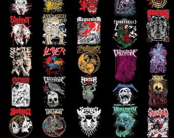 May include: A collection of graphic designs featuring various heavy metal band logos and artwork. The designs are in a variety of colors, including black, white, red, and green, and are displayed on a black background. The image includes text that says "INSTANT DOWNLOAD" and "75% OFF".