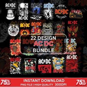Pode incluir: Um pacote de 22 designs gráficos do AC/DC, com o logotipo da banda, caveiras e raios, em vermelho, branco e preto sobre um fundo escuro. O texto "22 DESIGN AC DC BUNDLE" é exibido no centro.
