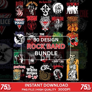 Puede incluir: Un gráfico negro con logotipos de 30 bandas de rock, incluyendo The Police, The Smiths y The White Stripes. El texto "30 Design Rock Band Bundle" está en rojo. La imagen también incluye el texto "Instant Download" y "75% Off".