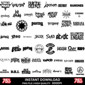50 vintage rockband-logotyp T-shirtdesigner PNG digital nedladdning