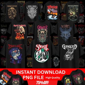 May include: A collection of black graphic t-shirts featuring various band logos and artwork. Designs include skulls, demons, and band names like "Dio" and "Disturbed." The image also includes text that says "INSTANT DOWNLOAD PNG FILE High Quality 75%OFF."