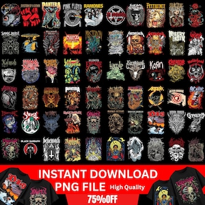 Puede incluir: Una colección de diseños gráficos con logotipos y portadas de álbumes de varias bandas de rock y metal, incluyendo System of a Down, Pantera, Pink Floyd y AC/DC. Los diseños se muestran sobre un fondo negro, con el texto "INSTANT DOWNLOAD PNG FILE High Quality 75%OFF."