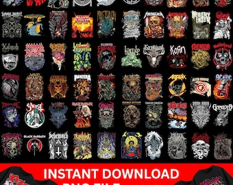 May include: A collection of graphic designs featuring various rock and metal band logos and album art, including System of a Down, Pantera, Pink Floyd, and AC/DC. The designs are displayed on a black background, with text that reads "INSTANT DOWNLOAD PNG FILE High Quality 75%OFF."