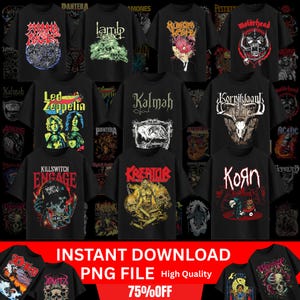 May include: A collection of black graphic t-shirts featuring various heavy metal band logos and artwork. Bands include Mot&ouml;rhead, Korn, and Led Zeppelin. The image also includes the text "INSTANT DOWNLOAD PNG FILE High Quality 75%OFF".