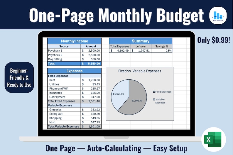Monthly Budget Template Simple One page Spreadsheet Beginner Excel