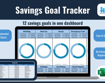 Savings Goal Tracker Spreadsheet | 12-Goal Sinking Fund Dashboard