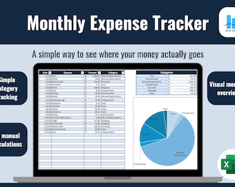 May include: A laptop screen displays a monthly expense tracker with a spreadsheet and pie chart. The text reads "Monthly Expense Tracker" and "A simple way to see where your money actually goes." Features include simple category tracking and no manual calculations.