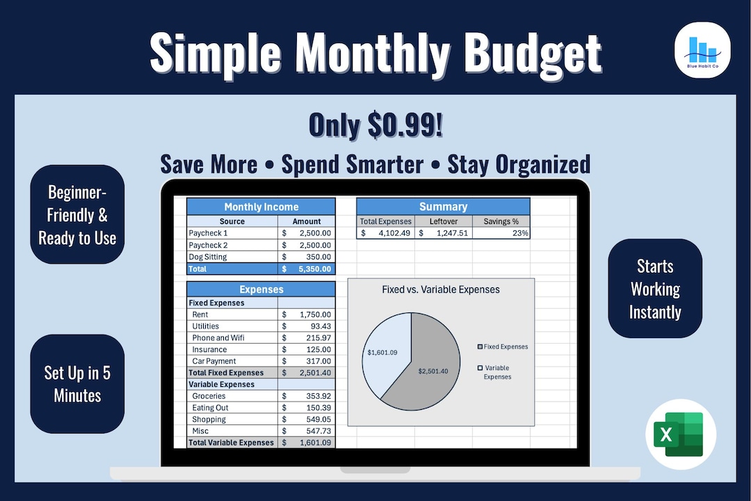 Simple Budget Spreadsheet | Easy Monthly Money Tracker Excel Template ...