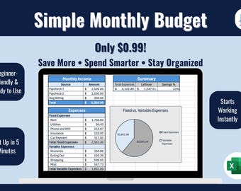 Simple Budget Spreadsheet | Easy Monthly Money Tracker Excel Template