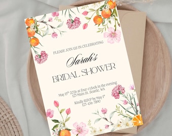 Floral and Citrus Spring/Summer Bridal Shower Invitation canva template