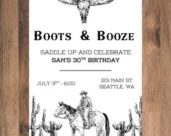 Boots & Booze Geburtstagsfeier-Einladung Canva Vorlage digitaler Download