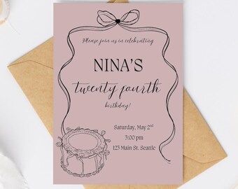 Geburtstagseinladung mit Kuchen und Schleifen canva Vorlage digitaler download