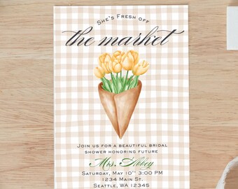 Brautparty-Einladung, gelbe Tulpen, braun Gingham Design (digitaler Download)