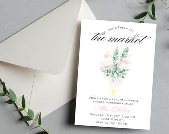 Sie ist frisch vom Markt Brautparty-Einladung Aquarell rosa Tulpen digitaler Download Vorlage