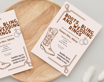 Boots, Bling & Hochzeit Ringe Brautparty Einladung digitaler Download canva Vorlage