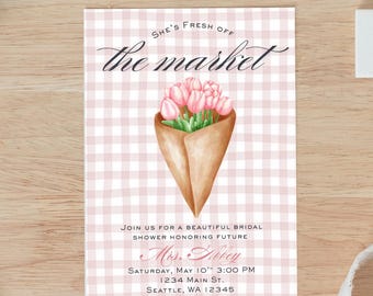 Brautparty-Einladung, rosa Tulpen, Vichy Karo Design (digitaler Download)